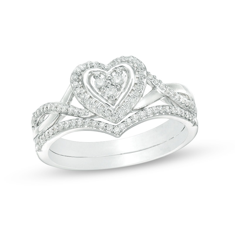 Main Image 1 of Previously Owned - 1/5 CT. T.W. Diamond Heart Frame Twist Bridal Set in 10K White Gold