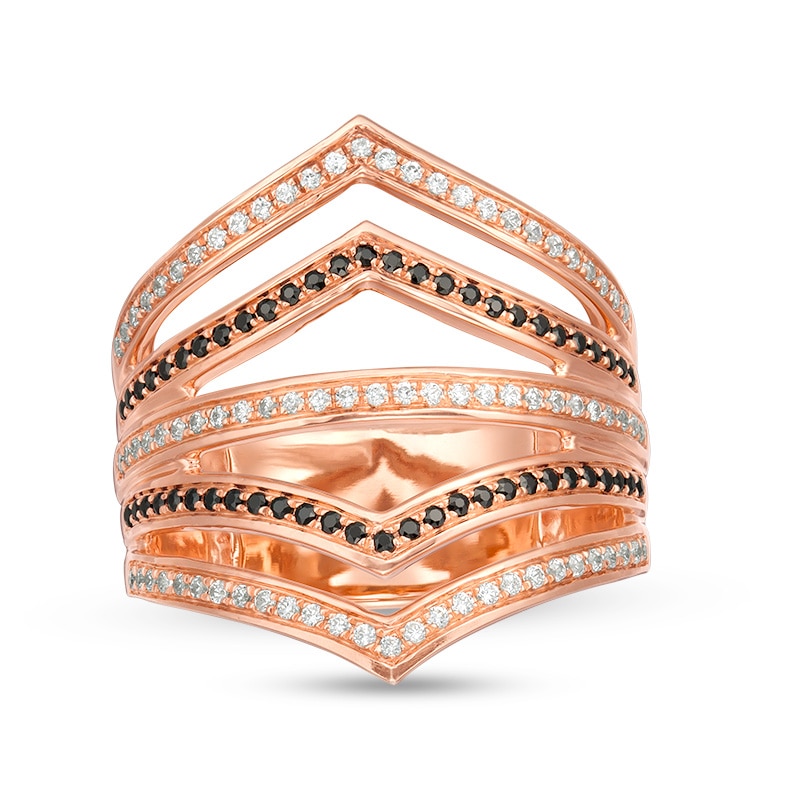 Main Image 1 of Previously Owned - 1/2 CT. T.W.  Black and White Diamond Multi-Row Chevron Ring in 10K Rose Gold