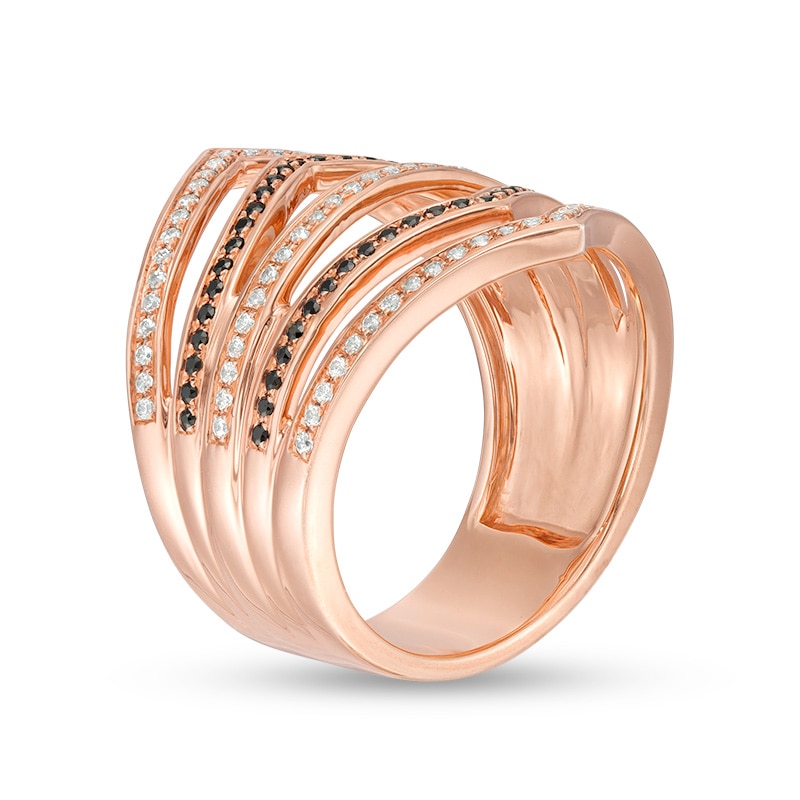 Main Image 3 of Previously Owned - 1/2 CT. T.W.  Black and White Diamond Multi-Row Chevron Ring in 10K Rose Gold