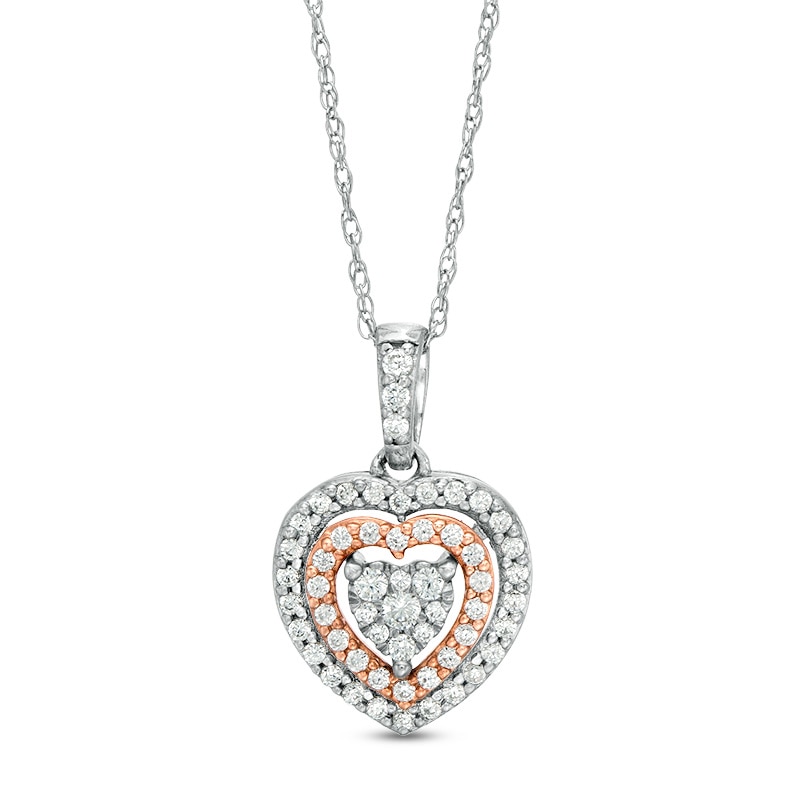 Main Image 1 of Previously Owned - 1/4 CT. T.W. Diamond Double Frame Heart Pendant in 10K Two-Tone Gold