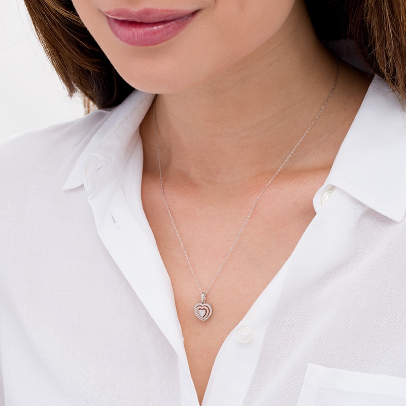 Main Image 2 of Previously Owned - 1/4 CT. T.W. Diamond Double Frame Heart Pendant in 10K Two-Tone Gold