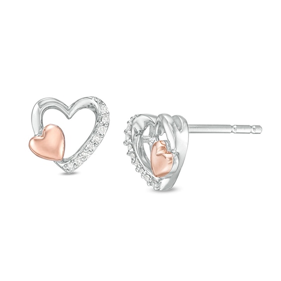 Previously Owned - 1/20 CT. T.w. Diamond Double Heart Stud Earrings in Sterling Silver and 10K Rose Gold