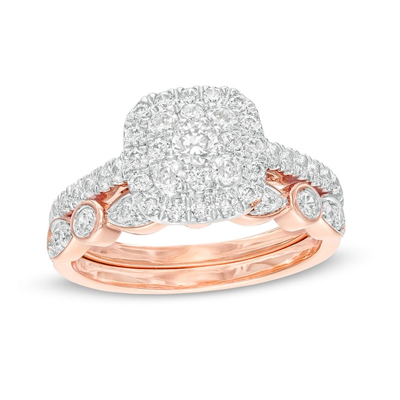 Previously Owned - 1/2 CT. T.w. Multi-Diamond Cushion-Shaped Diamond Art Deco Bridal Set in 10K Rose Gold