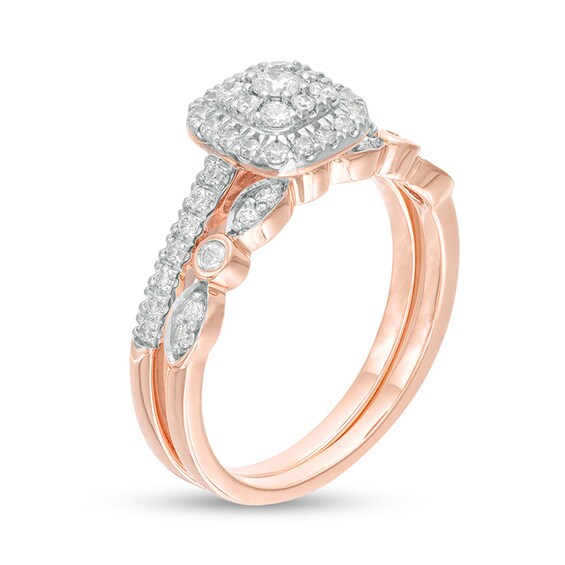 Previously Owned - 1/2 CT. T.w. Multi-Diamond Cushion-Shaped Diamond Art Deco Bridal Set in 10K Rose Gold
