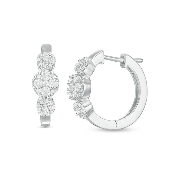 Previously Owned - 1/2 CT. T.w. Multi-Diamond Diamond Three Stone Hoop Earrings in 10K White Gold