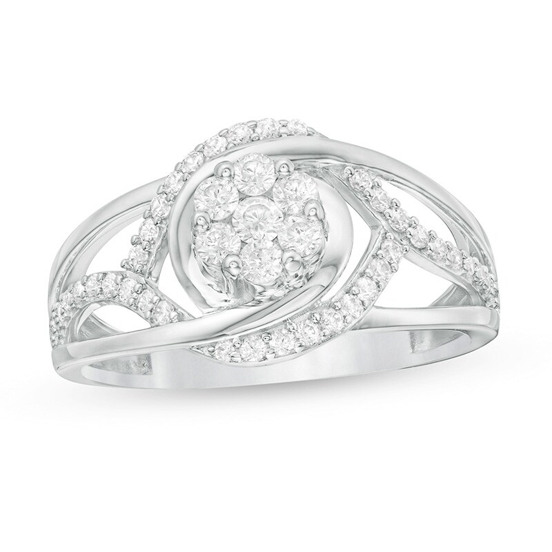 Main Image 1 of Previously Owned - 1/2 CT. T.W. Multi-Diamond Diamond Interlocking Loops Ring in 10K White Gold