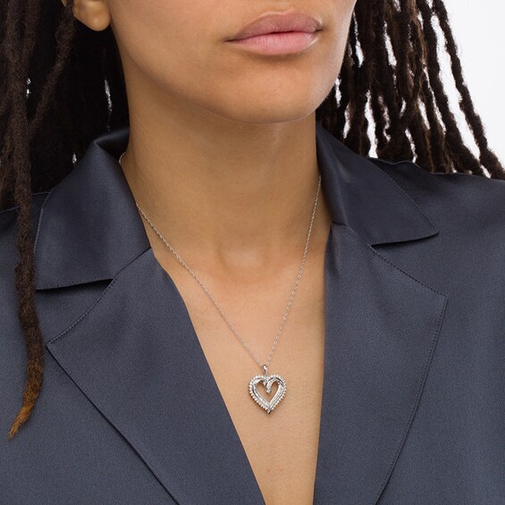 Previously Owned - 3/4 CT. T.w. Baguette and Round Diamond Double Row Heart Pendant in Sterling Silver