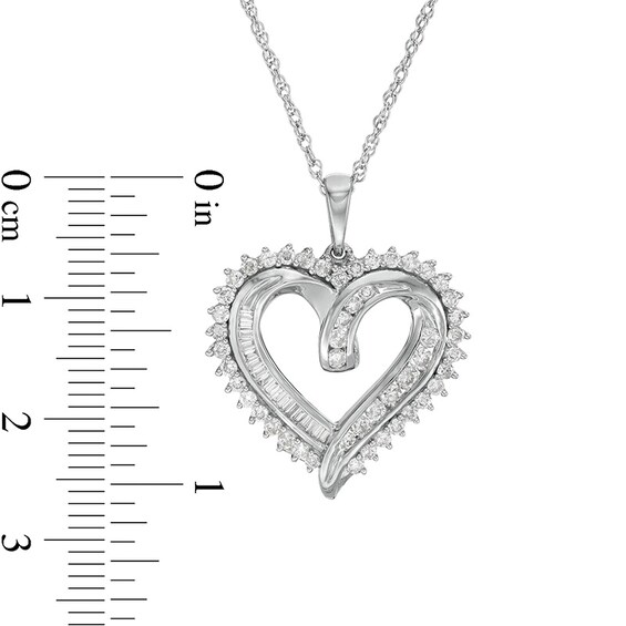 Previously Owned - 3/4 CT. T.w. Baguette and Round Diamond Double Row Heart Pendant in Sterling Silver