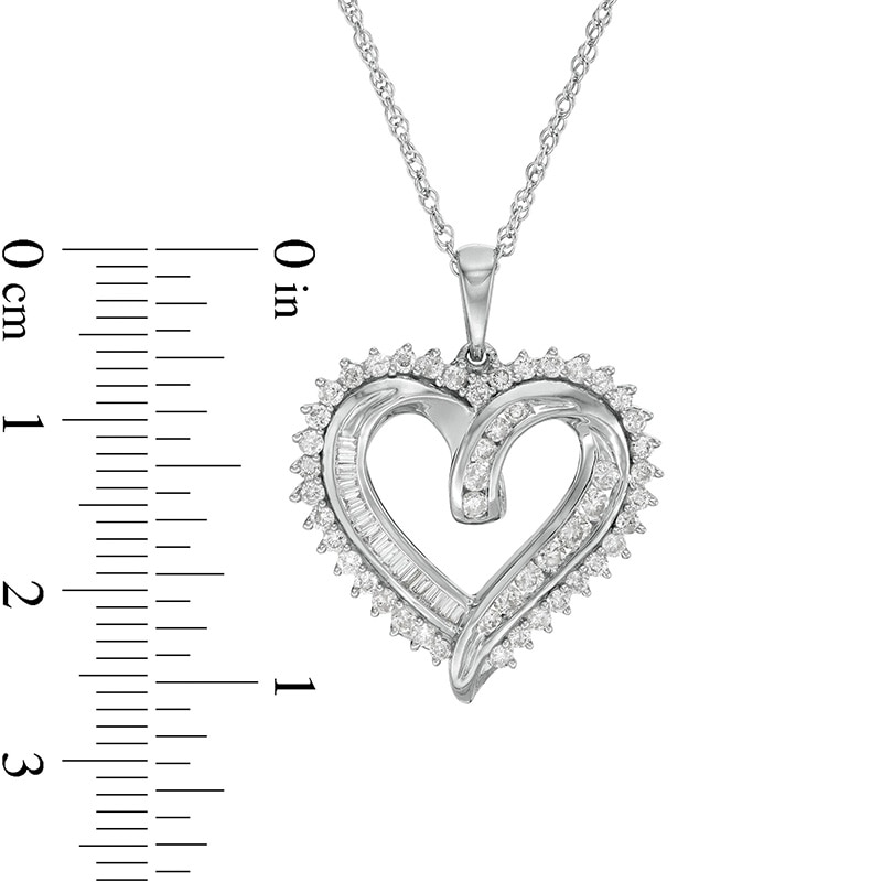 Main Image 3 of Previously Owned - 3/4 CT. T.W. Baguette and Round Diamond Double Row Heart Pendant in Sterling Silver