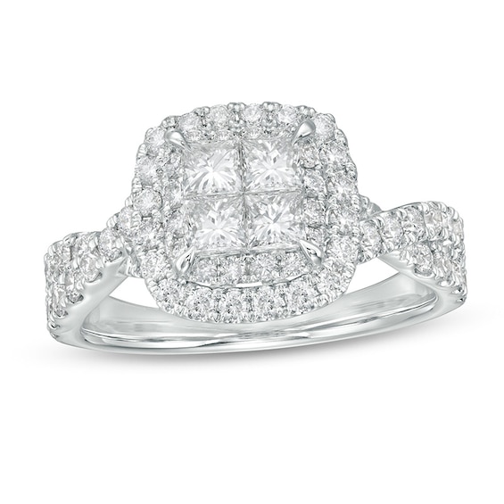 Previously Owned - 1-1/2 CT. T.w. Princess-Cut Quad Diamond Double Cushion Frame Engagement Ring in 14K White Gold