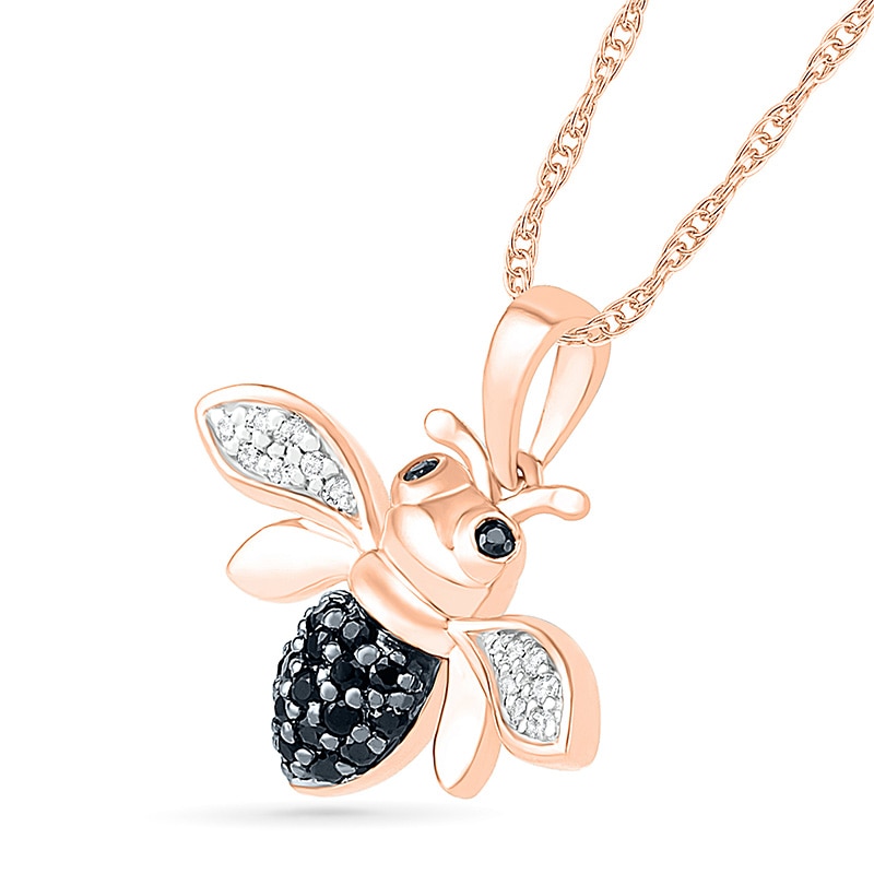 Main Image 2 of Previously Owned - 1/8 CT. T.W. Black  and White Diamond Bee Pendant in 10K Rose Gold