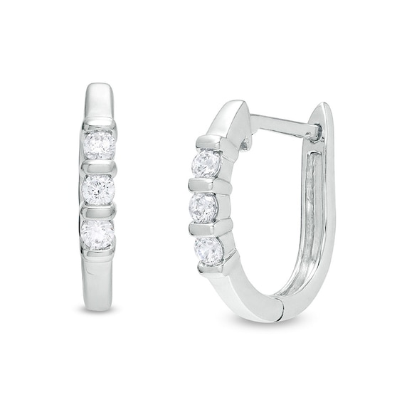 Previously Owned - 1/5 CT. T.w. Diamond Three Stone Hoop Earrings in 10K White Gold