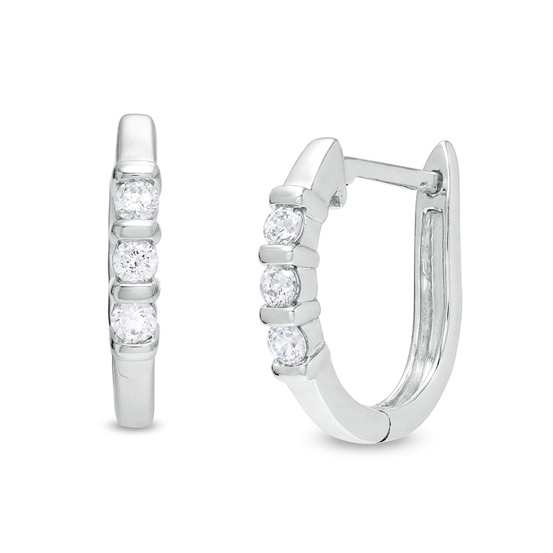 Main Image 1 of Previously Owned - 1/5 CT. T.W. Diamond Three Stone Hoop Earrings in 10K White Gold