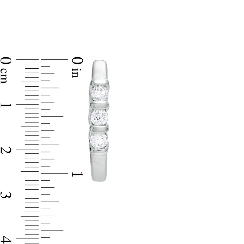 Main Image 2 of Previously Owned - 1/5 CT. T.W. Diamond Three Stone Hoop Earrings in 10K White Gold