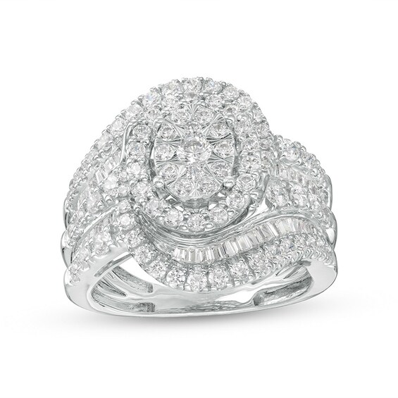 Previously Owned - 1-1/2 CT. T.w. Oval Multi-Diamond Swirl Bypass Ring in 10K White Gold