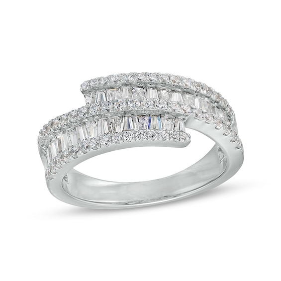Previously Owned - 1 CT. T.w. Baguette and Round Diamond Triple Row Ribbon Bypass Ring in 10K White Gold