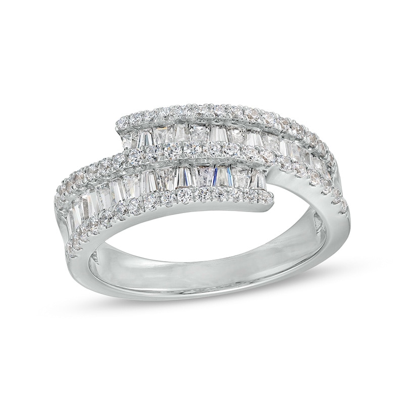 Main Image 1 of Previously Owned - 1 CT. T.W. Baguette and Round Diamond Triple Row Ribbon Bypass Ring in 10K White Gold