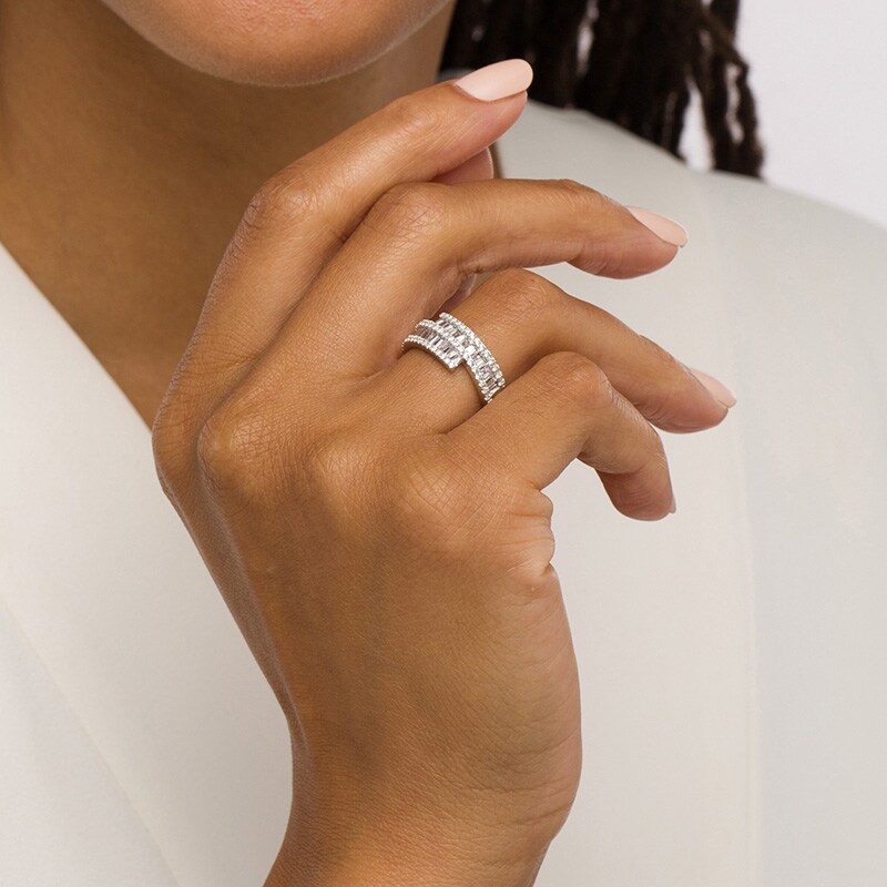 Main Image 2 of Previously Owned - 1 CT. T.W. Baguette and Round Diamond Triple Row Ribbon Bypass Ring in 10K White Gold