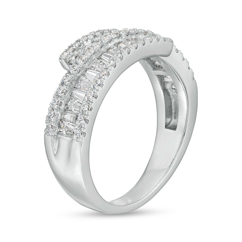 Main Image 3 of Previously Owned - 1 CT. T.W. Baguette and Round Diamond Triple Row Ribbon Bypass Ring in 10K White Gold