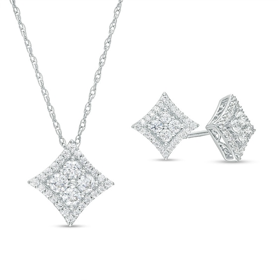 Previously Owned - 1 CT. T.w. Princess Multi-Diamond Frame Concave Pendant and Stud Earrings Set in 10K White Gold