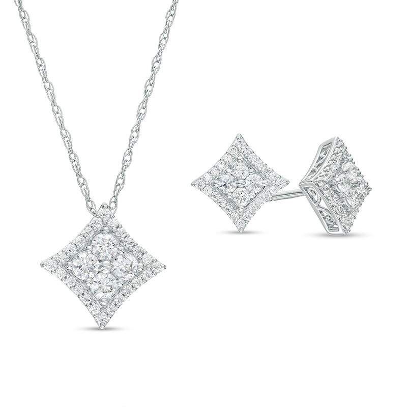 Main Image 1 of Previously Owned - 1 CT. T.W. Princess Multi-Diamond Frame Concave Pendant and Stud Earrings Set in 10K White Gold