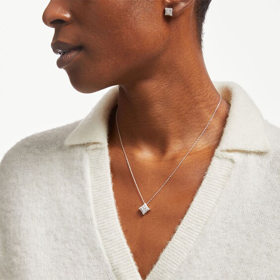 Previously Owned - 1 CT. T.w. Princess Multi-Diamond Frame Concave Pendant and Stud Earrings Set in 10K White Gold