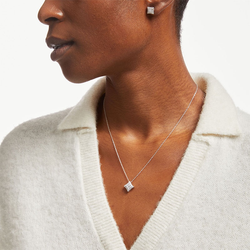 Main Image 2 of Previously Owned - 1 CT. T.W. Princess Multi-Diamond Frame Concave Pendant and Stud Earrings Set in 10K White Gold