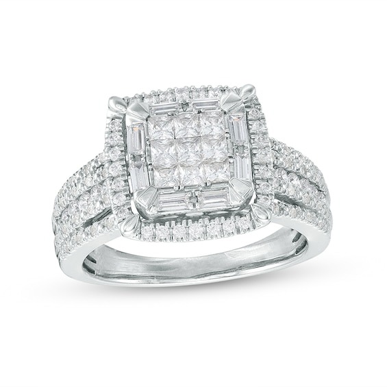 Previously Owned - 1 CT. T.w. Cushion-Shaped Multi-Diamond Frame Multi-Row Ring in 10K White Gold
