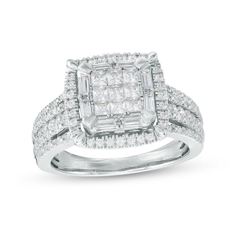 Main Image 1 of Previously Owned - 1 CT. T.W. Cushion-Shaped Multi-Diamond Frame Multi-Row Ring in 10K White Gold