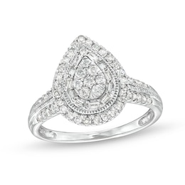 Previously Owned - 1/2 CT. T.W. Pear Multi-Diamond Teardrop Frame Vintage-Style Engagement Ring in 10K White Gold