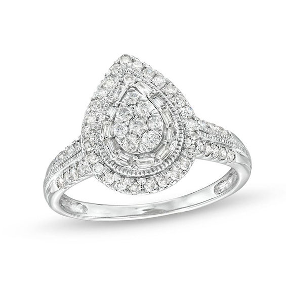 Previously Owned - 1/2 CT. T.w. Pear Multi-Diamond Teardrop Frame Vintage-Style Engagement Ring in 10K White Gold