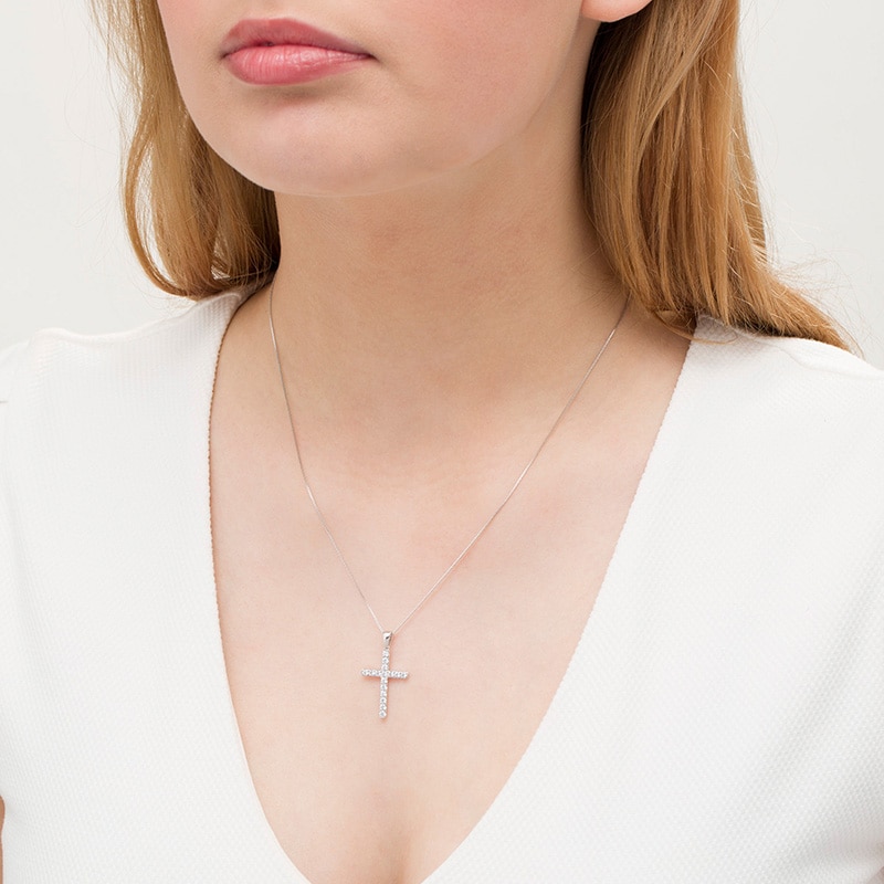 Main Image 2 of Previously Owned - 1/2 CT. T.W. Lab-Grown Diamond Cross Pendant in 14K White Gold (F/SI2)