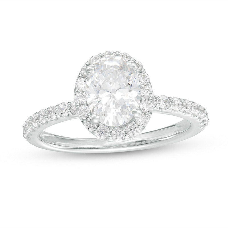 Main Image 1 of Previously Owned - 1-1/2 CT. T.W. Oval Lab-Grown Diamond Frame Engagement Ring in 14K White Gold (F/VS2)