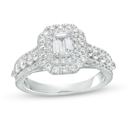 Previously Owned - 1-1/2 CT. T.W. Emerald-Cut Lab-Grown Diamond Double Frame Engagement Ring in 14K White Gold (F/VS2)