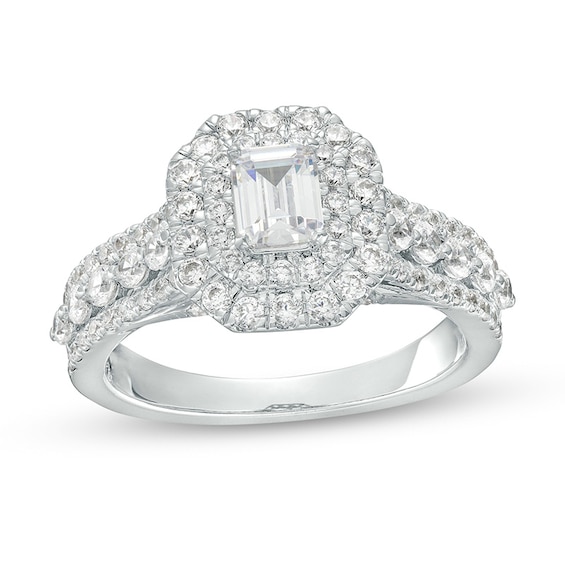 Previously Owned - 1-1/2 CT. T.w. Emerald-Cut Lab-Grown Diamond Double Frame Engagement Ring in 14K White Gold (F/Vs2)