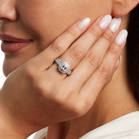 Previously Owned - 1-1/2 CT. T.w. Emerald-Cut Lab-Grown Diamond Double Frame Engagement Ring in 14K White Gold (F/Vs2)