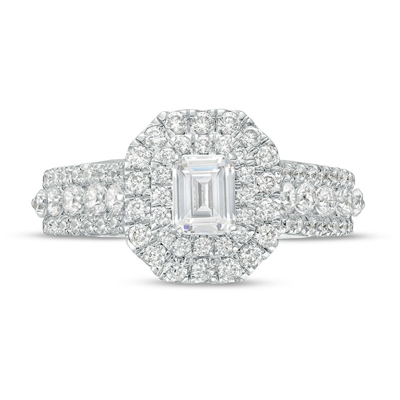 Previously Owned - 1-1/2 CT. T.w. Emerald-Cut Lab-Grown Diamond Double Frame Engagement Ring in 14K White Gold (F/Vs2)
