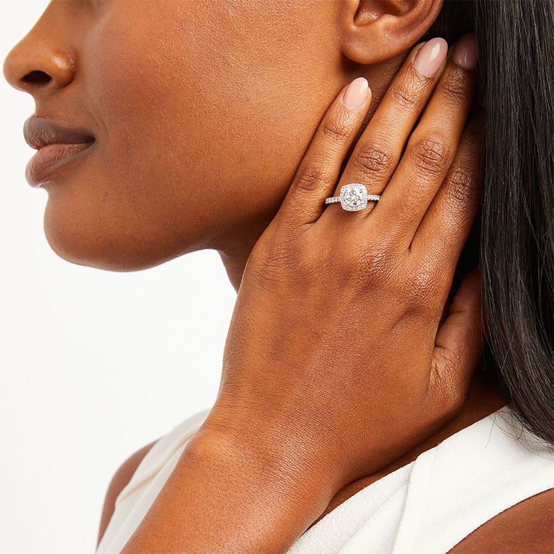 Main Image 2 of Previously Owned - 1-1/2 CT. T.W. Lab-Grown Diamond Cushion Frame Engagement Ring in 10K White Gold (F/SI2)