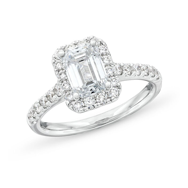 Main Image 1 of Previously Owned - 2 CT. T.W. Emerald-Cut Lab-Grown Diamond Frame Engagement Ring in 14K White Gold (F/SI2)