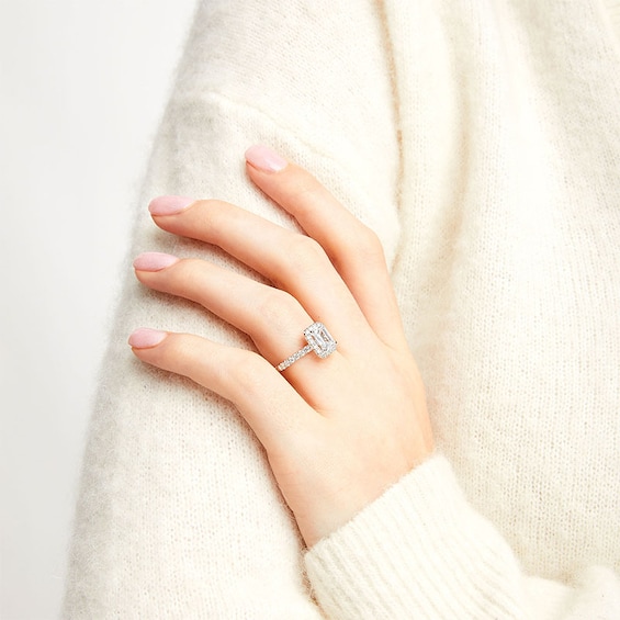 Previously Owned - 2 CT. T.w. Emerald-Cut Lab-Grown Diamond Frame Engagement Ring in 14K White Gold (F/Si2)