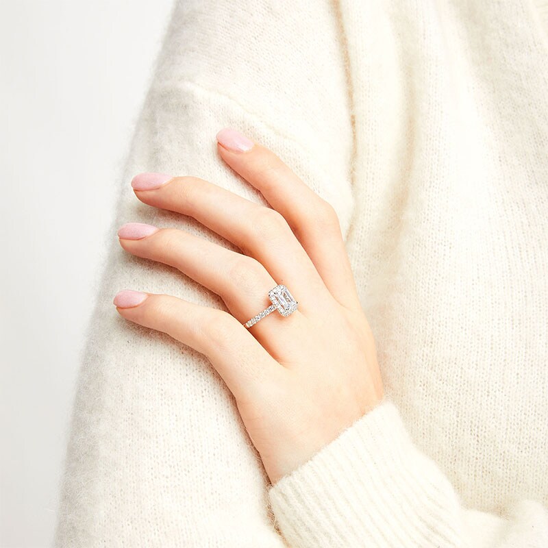 Main Image 2 of Previously Owned - 2 CT. T.W. Emerald-Cut Lab-Grown Diamond Frame Engagement Ring in 14K White Gold (F/SI2)