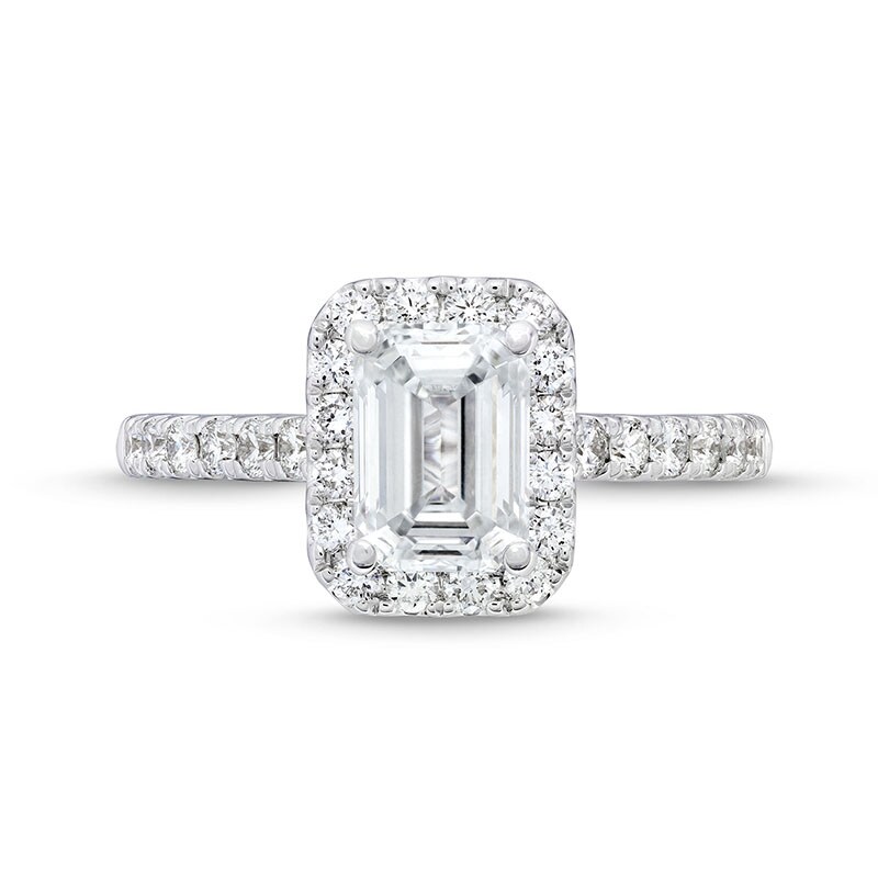 Main Image 4 of Previously Owned - 2 CT. T.W. Emerald-Cut Lab-Grown Diamond Frame Engagement Ring in 14K White Gold (F/SI2)