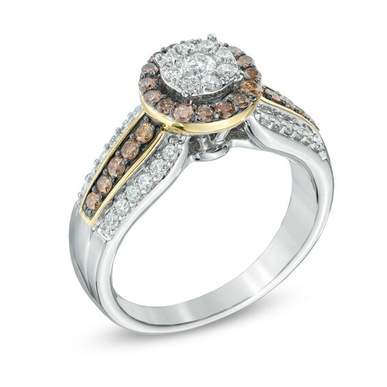 Previously Owned - 7/8 CT. T.w. Champagne and White Diamond Cluster Frame Engagement Ring in 14K Two-Tone Gold