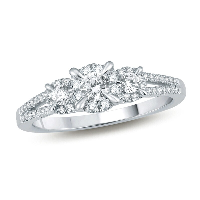 Main Image 1 of Previously Owned - 1/4 CT. T.W. Diamond Frame Three Stone Split Shank Promise Ring in 10K White Gold