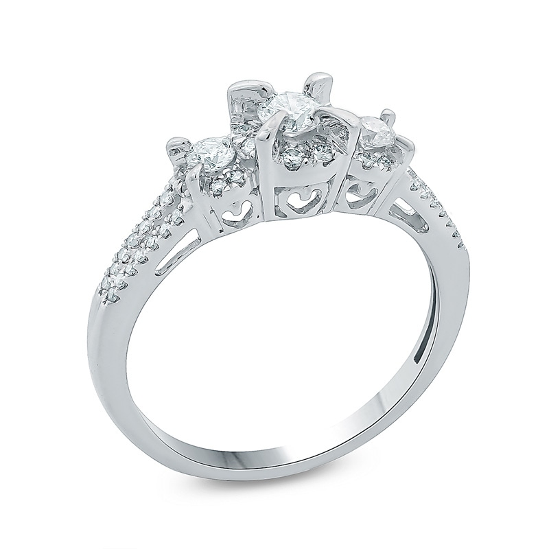 Main Image 2 of Previously Owned - 1/4 CT. T.W. Diamond Frame Three Stone Split Shank Promise Ring in 10K White Gold