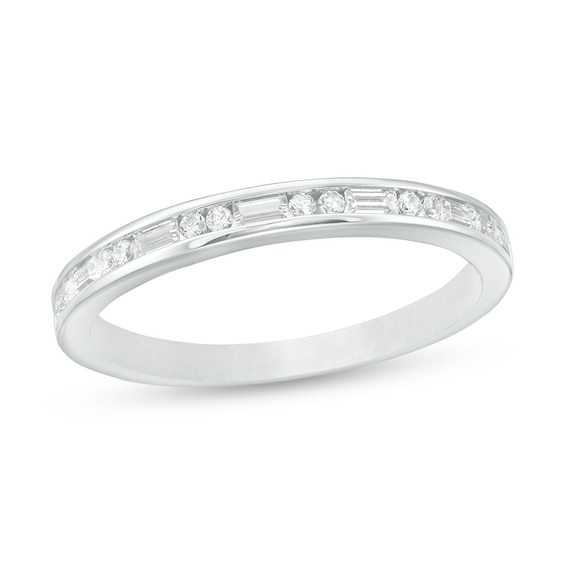 Previously Owned - 1/4 CT. T.w. Baguette and Round Diamond Alternating Anniversary Band in 14K White Gold