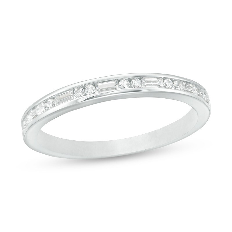 Main Image 1 of Previously Owned - 1/4 CT. T.W. Baguette and Round Diamond Alternating Anniversary Band in 14K White Gold