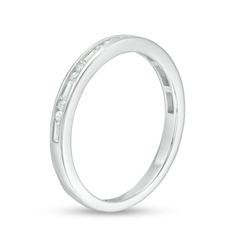 Main Image 3 of Previously Owned - 1/4 CT. T.W. Baguette and Round Diamond Alternating Anniversary Band in 14K White Gold
