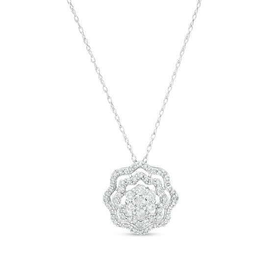 Previously Owned - 1/2 CT. T.w. Diamond Double Frame Flower Pendant in 10K White Gold