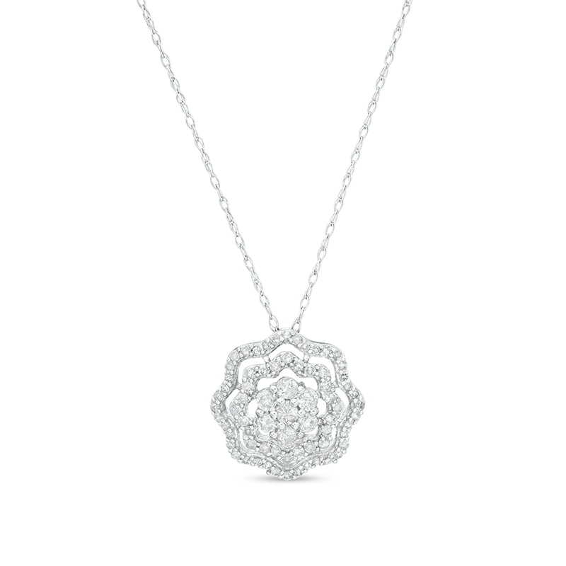 Main Image 1 of Previously Owned - 1/2 CT. T.W. Diamond Double Frame Flower Pendant in 10K White Gold